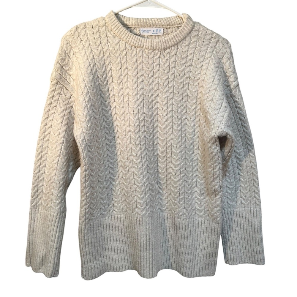 Primark Womens Size Small Crewneck Sweater Cream Beige Textured Herringbone Knit